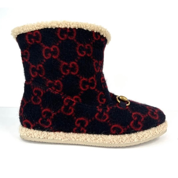 Gucci Fria Horsebit GG Logo Wool Shearling Fur Women Ankle Booties Size … - Picture 4 of 15